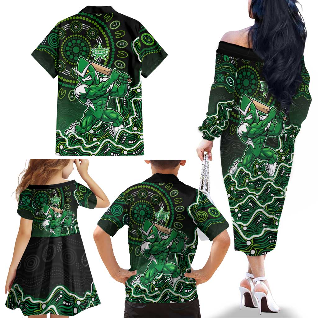 Melbourne Stars Cricket Mascot Family Matching Off The Shoulder Long Sleeve Dress and Hawaiian Shirt Aboriginal Dot Art Green And Black Tribal Pattern