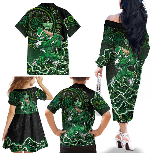 Melbourne Stars Cricket Mascot Family Matching Off The Shoulder Long Sleeve Dress and Hawaiian Shirt Aboriginal Dot Art Green And Black Tribal Pattern