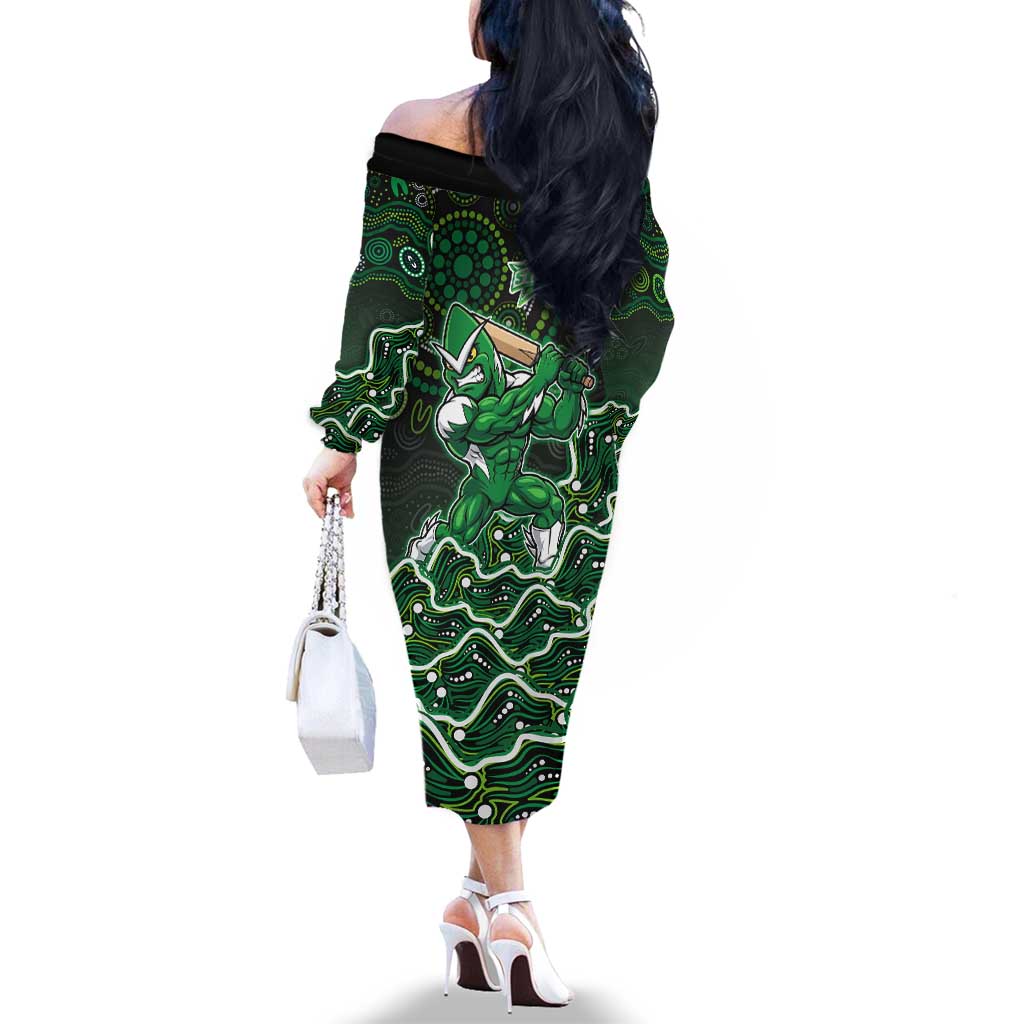 Melbourne Stars Cricket Mascot Family Matching Off The Shoulder Long Sleeve Dress and Hawaiian Shirt Aboriginal Dot Art Green And Black Tribal Pattern