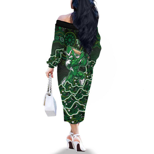 Melbourne Stars Cricket Mascot Family Matching Off The Shoulder Long Sleeve Dress and Hawaiian Shirt Aboriginal Dot Art Green And Black Tribal Pattern