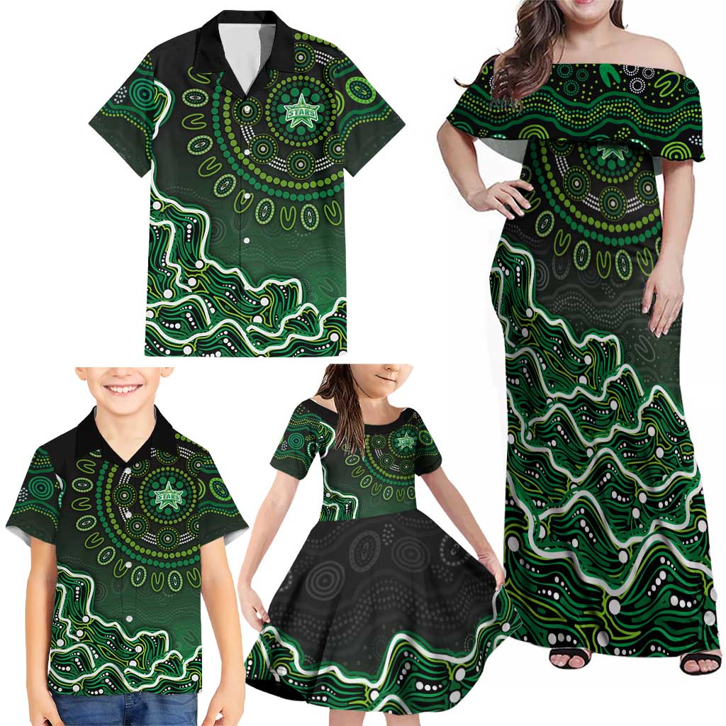 Melbourne Stars Cricket Mascot Family Matching Off Shoulder Maxi Dress and Hawaiian Shirt Aboriginal Dot Art Green And Black Tribal Pattern