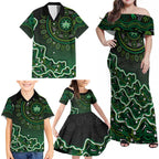 Melbourne Stars Cricket Mascot Family Matching Off Shoulder Maxi Dress and Hawaiian Shirt Aboriginal Dot Art Green And Black Tribal Pattern