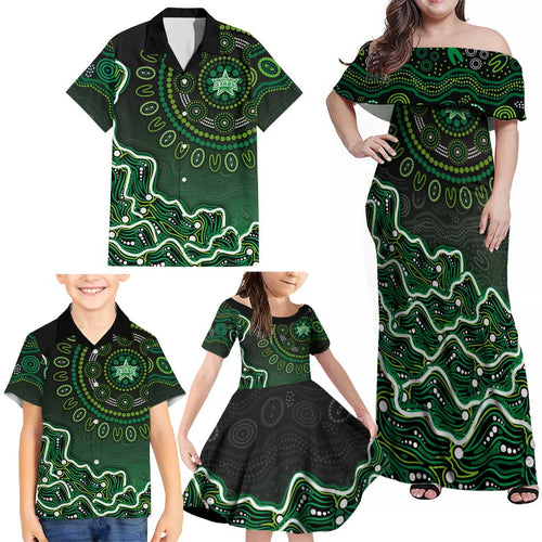 Melbourne Stars Cricket Mascot Family Matching Off Shoulder Maxi Dress and Hawaiian Shirt Aboriginal Dot Art Green And Black Tribal Pattern