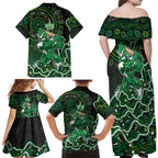 Melbourne Stars Cricket Mascot Family Matching Off Shoulder Maxi Dress and Hawaiian Shirt Aboriginal Dot Art Green And Black Tribal Pattern
