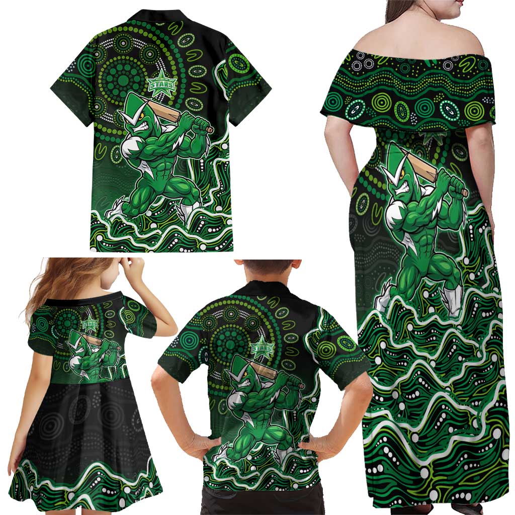 Melbourne Stars Cricket Mascot Family Matching Off Shoulder Maxi Dress and Hawaiian Shirt Aboriginal Dot Art Green And Black Tribal Pattern