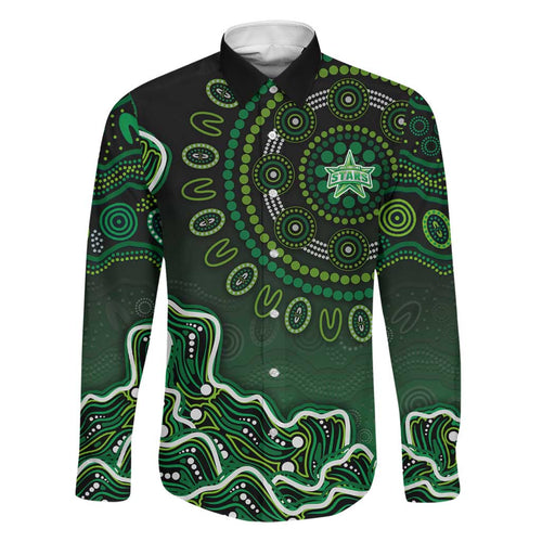 Melbourne Stars Cricket Mascot Family Matching Off Shoulder Maxi Dress and Hawaiian Shirt Aboriginal Dot Art Green And Black Tribal Pattern