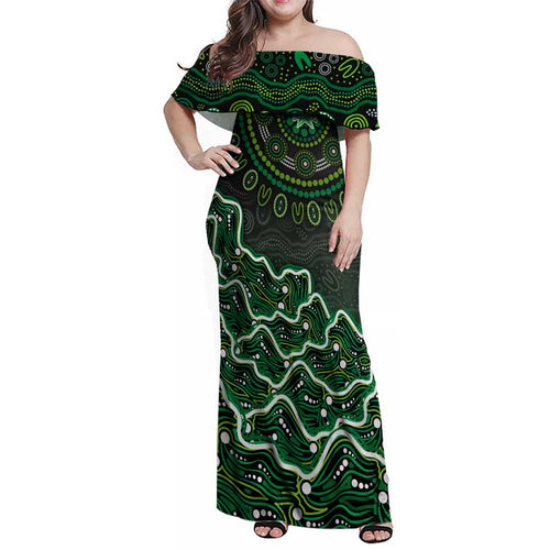 Melbourne Stars Cricket Mascot Family Matching Off Shoulder Maxi Dress and Hawaiian Shirt Aboriginal Dot Art Green And Black Tribal Pattern