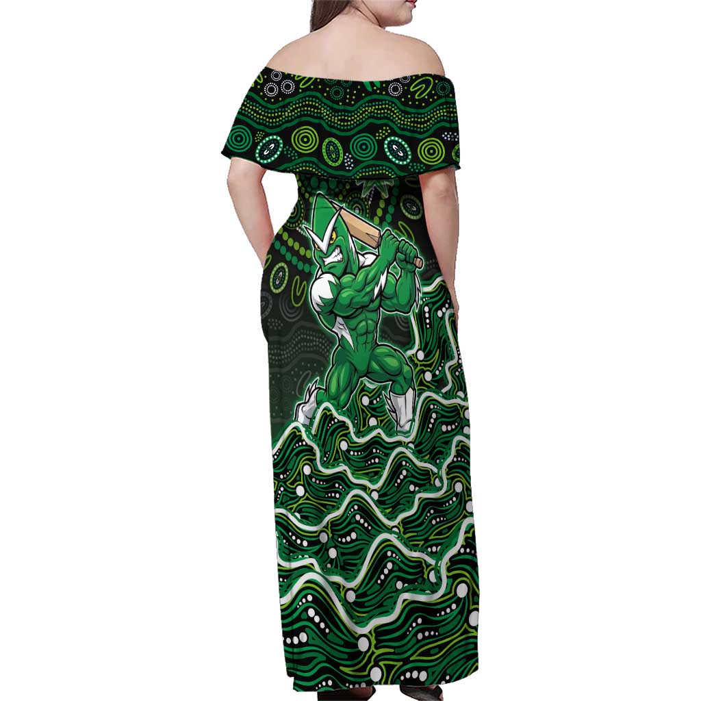 Melbourne Stars Cricket Mascot Family Matching Off Shoulder Maxi Dress and Hawaiian Shirt Aboriginal Dot Art Green And Black Tribal Pattern