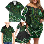 Melbourne Stars Cricket Mascot Family Matching Off Shoulder Short Dress and Hawaiian Shirt Aboriginal Dot Art Green And Black Tribal Pattern