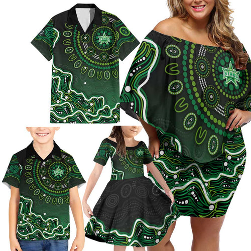 Melbourne Stars Cricket Mascot Family Matching Off Shoulder Short Dress and Hawaiian Shirt Aboriginal Dot Art Green And Black Tribal Pattern