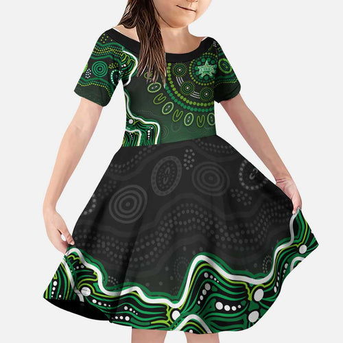Melbourne Stars Cricket Mascot Family Matching Off Shoulder Short Dress and Hawaiian Shirt Aboriginal Dot Art Green And Black Tribal Pattern