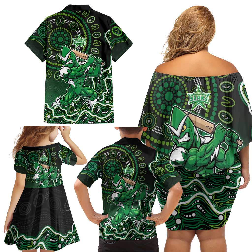 Melbourne Stars Cricket Mascot Family Matching Off Shoulder Short Dress and Hawaiian Shirt Aboriginal Dot Art Green And Black Tribal Pattern