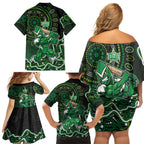 Melbourne Stars Cricket Mascot Family Matching Off Shoulder Short Dress and Hawaiian Shirt Aboriginal Dot Art Green And Black Tribal Pattern