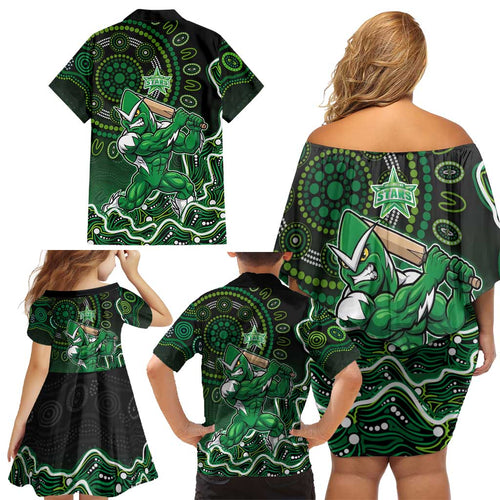 Melbourne Stars Cricket Mascot Family Matching Off Shoulder Short Dress and Hawaiian Shirt Aboriginal Dot Art Green And Black Tribal Pattern