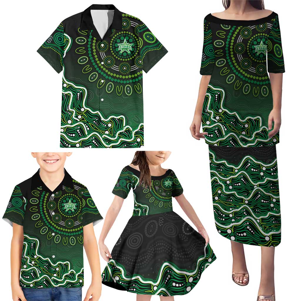 Melbourne Stars Cricket Mascot Family Matching Puletasi and Hawaiian Shirt Aboriginal Dot Art Green And Black Tribal Pattern