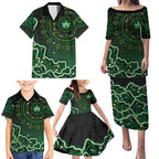 Melbourne Stars Cricket Mascot Family Matching Puletasi and Hawaiian Shirt Aboriginal Dot Art Green And Black Tribal Pattern