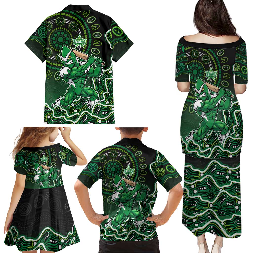 Melbourne Stars Cricket Mascot Family Matching Puletasi and Hawaiian Shirt Aboriginal Dot Art Green And Black Tribal Pattern