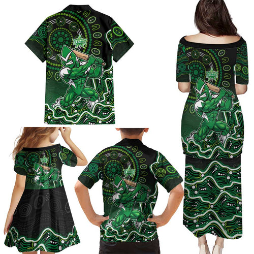 Melbourne Stars Cricket Mascot Family Matching Puletasi and Hawaiian Shirt Aboriginal Dot Art Green And Black Tribal Pattern
