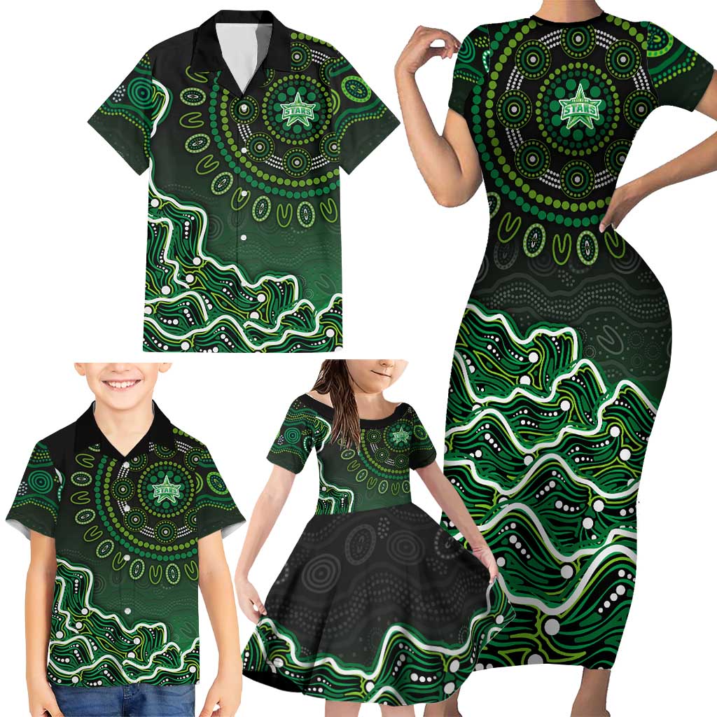 Melbourne Stars Cricket Mascot Family Matching Short Sleeve Bodycon Dress and Hawaiian Shirt Aboriginal Dot Art Green And Black Tribal Pattern