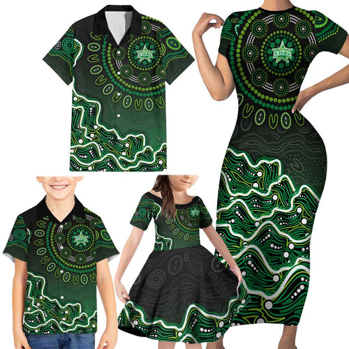Melbourne Stars Cricket Mascot Family Matching Short Sleeve Bodycon Dress and Hawaiian Shirt Aboriginal Dot Art Green And Black Tribal Pattern