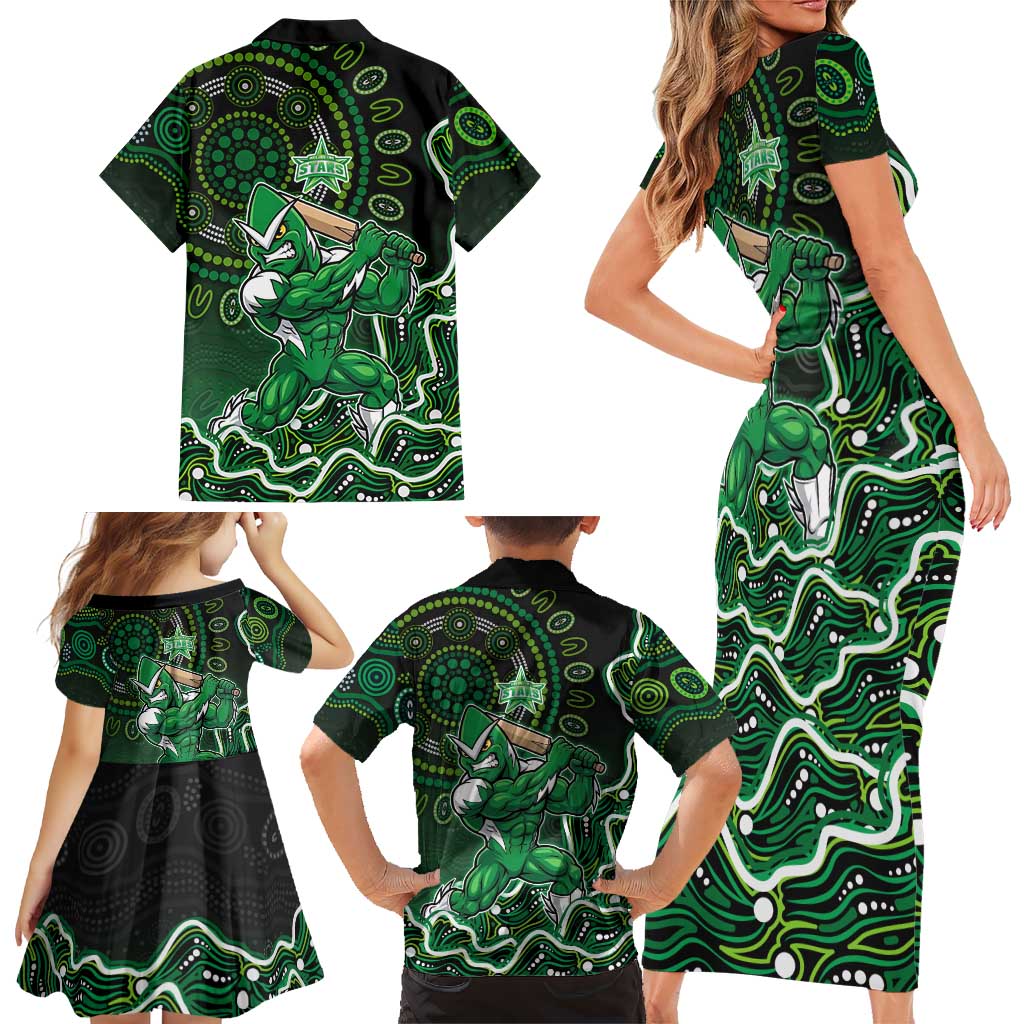 Melbourne Stars Cricket Mascot Family Matching Short Sleeve Bodycon Dress and Hawaiian Shirt Aboriginal Dot Art Green And Black Tribal Pattern