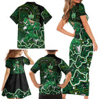 Melbourne Stars Cricket Mascot Family Matching Short Sleeve Bodycon Dress and Hawaiian Shirt Aboriginal Dot Art Green And Black Tribal Pattern