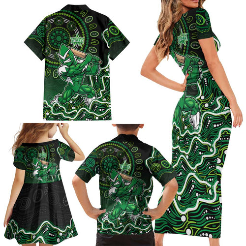 Melbourne Stars Cricket Mascot Family Matching Short Sleeve Bodycon Dress and Hawaiian Shirt Aboriginal Dot Art Green And Black Tribal Pattern