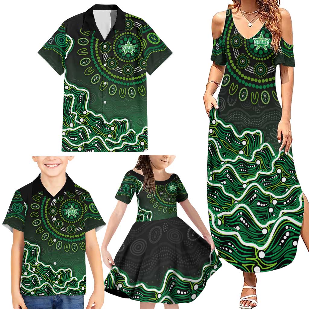 Melbourne Stars Cricket Mascot Family Matching Summer Maxi Dress and Hawaiian Shirt Aboriginal Dot Art Green And Black Tribal Pattern