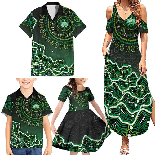 Melbourne Stars Cricket Mascot Family Matching Summer Maxi Dress and Hawaiian Shirt Aboriginal Dot Art Green And Black Tribal Pattern
