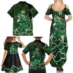 Melbourne Stars Cricket Mascot Family Matching Summer Maxi Dress and Hawaiian Shirt Aboriginal Dot Art Green And Black Tribal Pattern