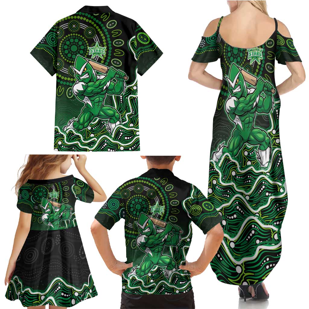 Melbourne Stars Cricket Mascot Family Matching Summer Maxi Dress and Hawaiian Shirt Aboriginal Dot Art Green And Black Tribal Pattern