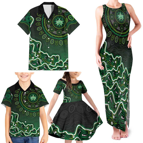 Melbourne Stars Cricket Mascot Family Matching Tank Maxi Dress and Hawaiian Shirt Aboriginal Dot Art Green And Black Tribal Pattern