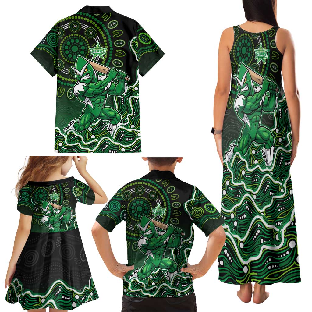 Melbourne Stars Cricket Mascot Family Matching Tank Maxi Dress and Hawaiian Shirt Aboriginal Dot Art Green And Black Tribal Pattern
