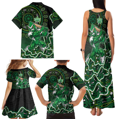 Melbourne Stars Cricket Mascot Family Matching Tank Maxi Dress and Hawaiian Shirt Aboriginal Dot Art Green And Black Tribal Pattern