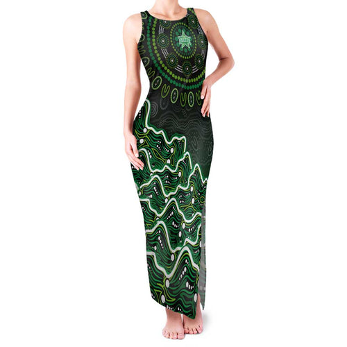 Melbourne Stars Cricket Mascot Family Matching Tank Maxi Dress and Hawaiian Shirt Aboriginal Dot Art Green And Black Tribal Pattern