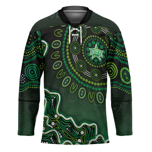 Melbourne Stars Cricket Mascot Hockey Jersey Aboriginal Dot Art Green And Black Tribal Pattern