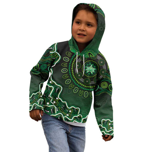 Melbourne Stars Cricket Mascot Kid Hoodie Aboriginal Dot Art Green And Black Tribal Pattern