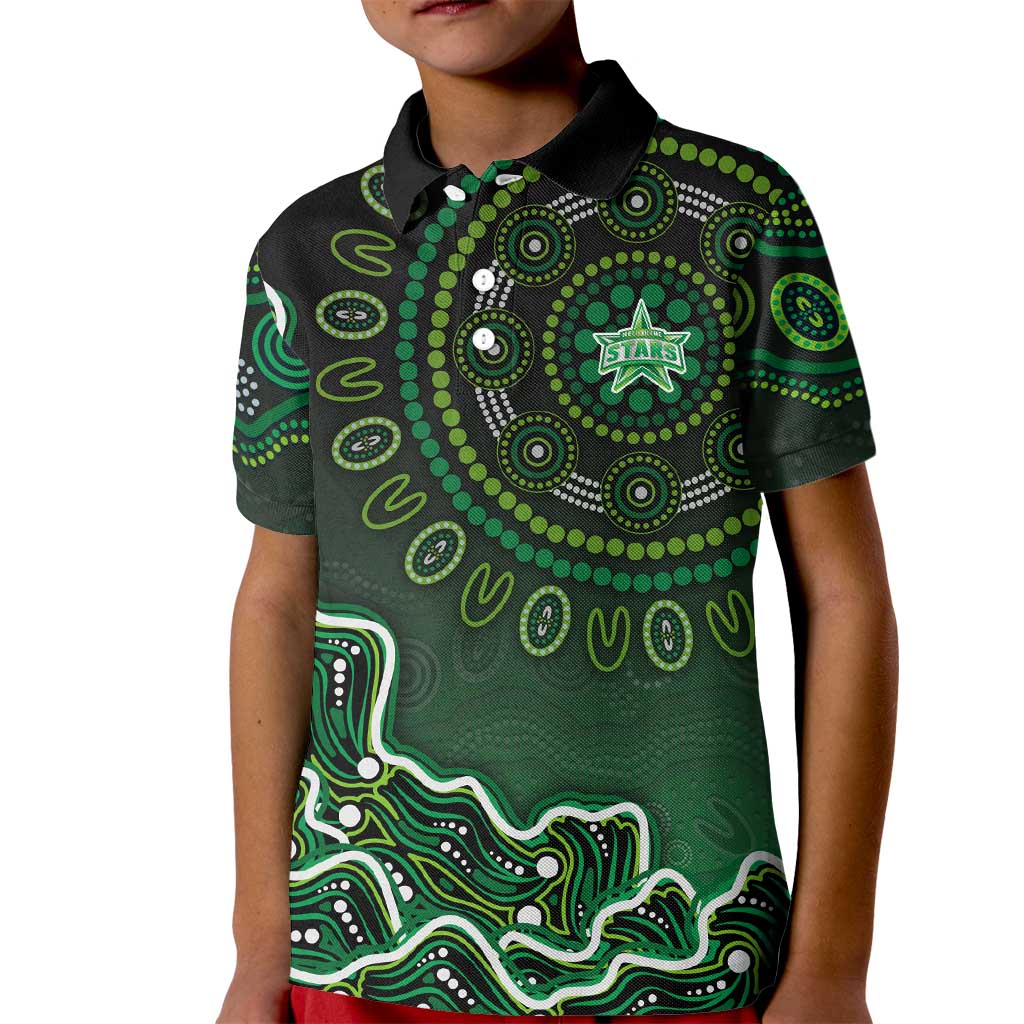Melbourne Stars Cricket Mascot Kid Polo Shirt Aboriginal Dot Art Green And Black Tribal Pattern