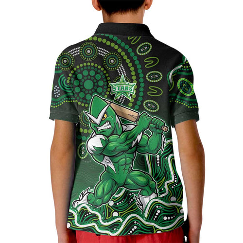 Melbourne Stars Cricket Mascot Kid Polo Shirt Aboriginal Dot Art Green And Black Tribal Pattern