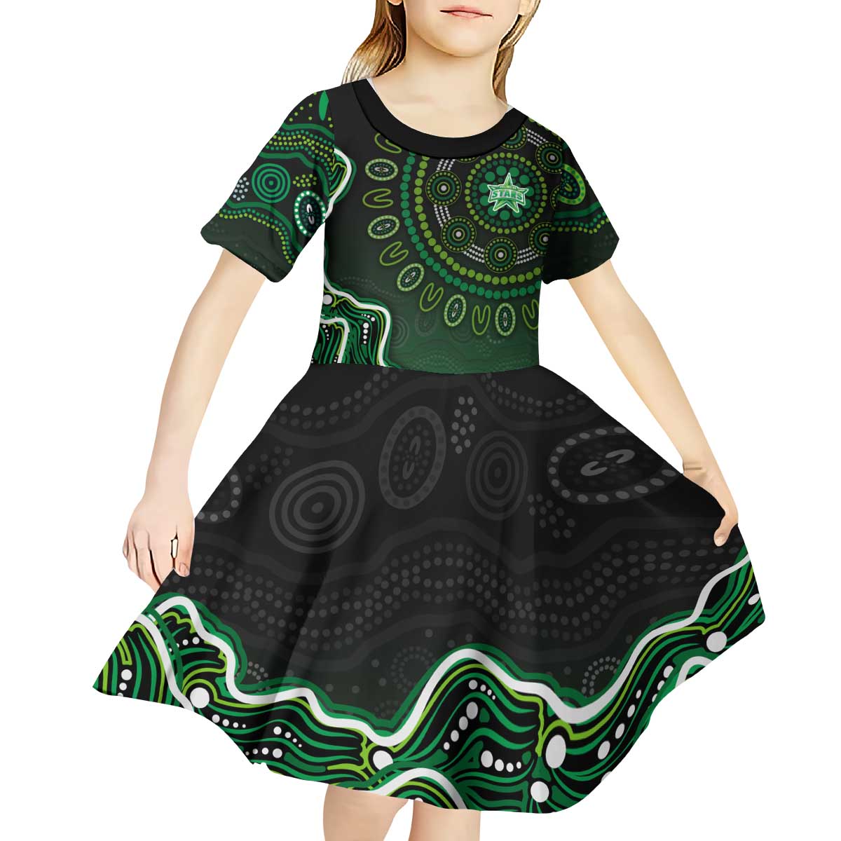 Melbourne Stars Cricket Mascot Kid Short Sleeve Dress Aboriginal Dot Art Green And Black Tribal Pattern