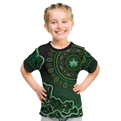 Melbourne Stars Cricket Mascot Kid T Shirt Aboriginal Dot Art Green And Black Tribal Pattern
