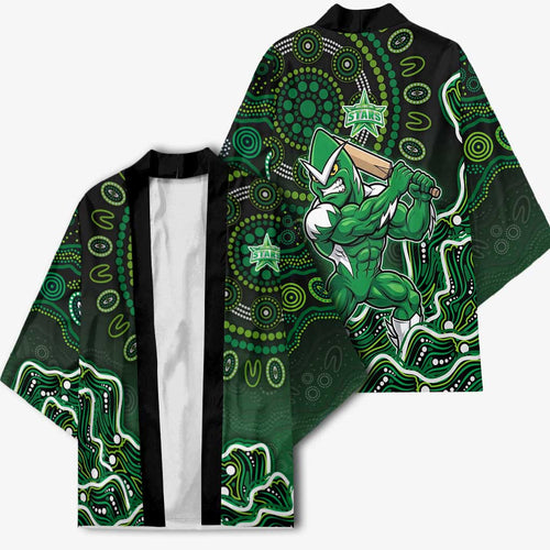 Melbourne Stars Cricket Mascot Kimono Aboriginal Dot Art Green And Black Tribal Pattern