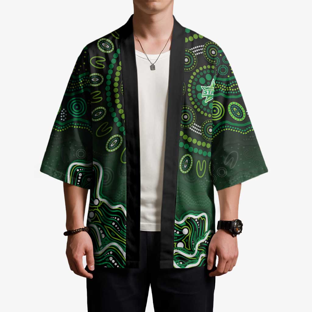 Melbourne Stars Cricket Mascot Kimono Aboriginal Dot Art Green And Black Tribal Pattern
