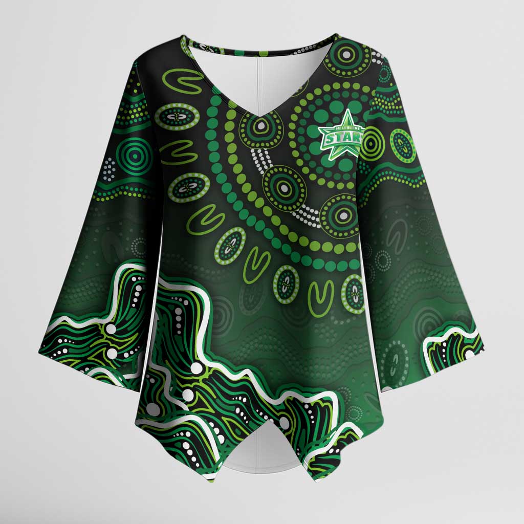 Melbourne Stars Cricket Mascot Kimono Sleeve Blouse Aboriginal Dot Art Green And Black Tribal Pattern