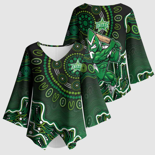 Melbourne Stars Cricket Mascot Kimono Sleeve Blouse Aboriginal Dot Art Green And Black Tribal Pattern