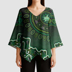 Melbourne Stars Cricket Mascot Kimono Sleeve Blouse Aboriginal Dot Art Green And Black Tribal Pattern