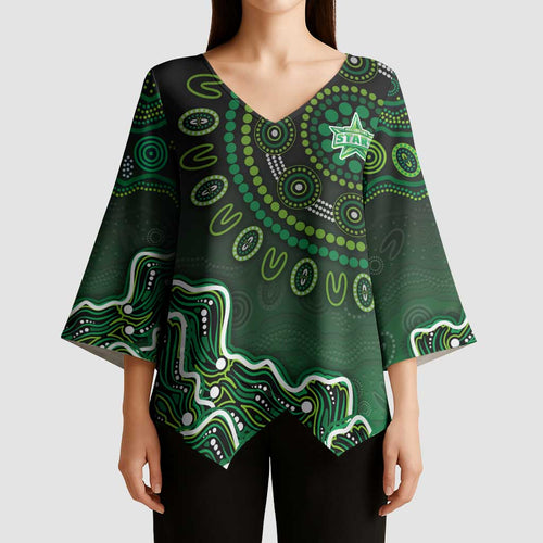 Melbourne Stars Cricket Mascot Kimono Sleeve Blouse Aboriginal Dot Art Green And Black Tribal Pattern