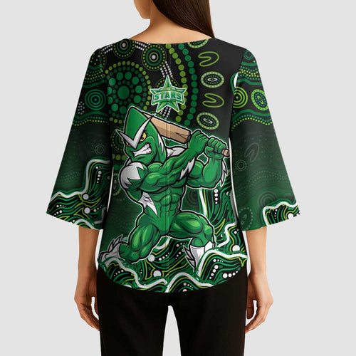 Melbourne Stars Cricket Mascot Kimono Sleeve Blouse Aboriginal Dot Art Green And Black Tribal Pattern