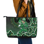 Melbourne Stars Cricket Mascot Leather Tote Bag Aboriginal Dot Art Green And Black Tribal Pattern