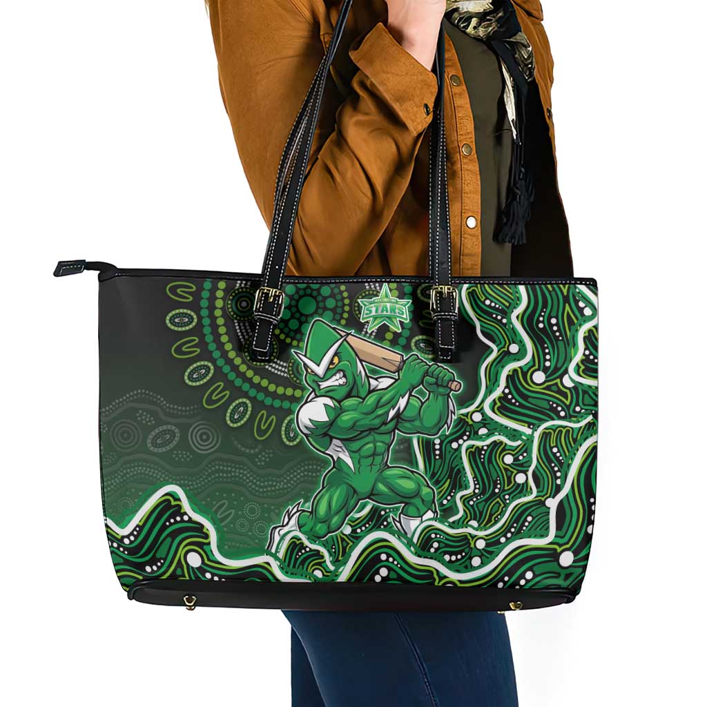 Melbourne Stars Cricket Mascot Leather Tote Bag Aboriginal Dot Art Green And Black Tribal Pattern